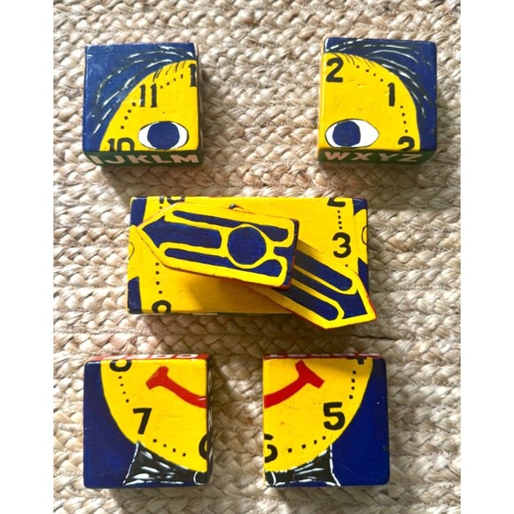 Vintage Handmade Folk Art Wooden Blocks Puzzle Alphabet, Numbers, Clock UNIQUE - Picture 6 of 11